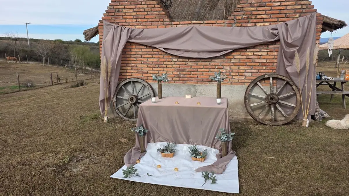 Detalle del montaje con ruedas de carro y pampas